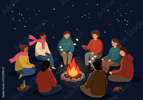 Campfire gathering celebration outdoor night cozy environment group of friends togetherness and warmth