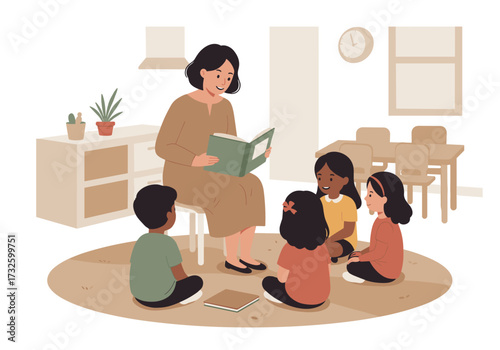 Storytime with children in a cozy classroom illustrative scene engaging learning environment