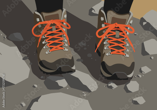 Hiking adventure rocky terrain footwear showcase outdoor environment ground level view exploration concept