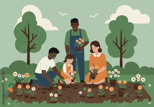 Family planting flowers together in a garden daytime outdoor view gardening concept