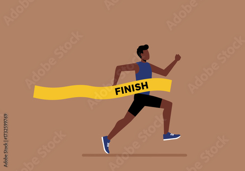 Runner crossing finish line in a race sport event urban setting dynamic viewpoint achievement concept