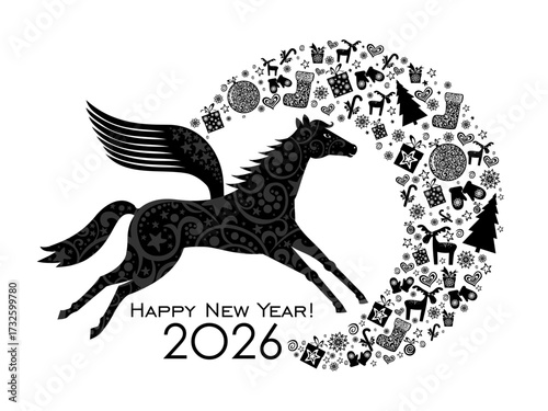 Happy new year 2026!   Year of red horse. Symbol of Chinese New Year.  Art design celebrate party invitation template. Vector Illustration 