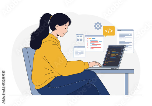 Coding and development session home office digital workspace indoor side view technology and productivity