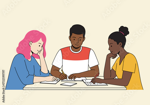 Collaborative study session among friends indoor setting digital creative environment engaging perspective