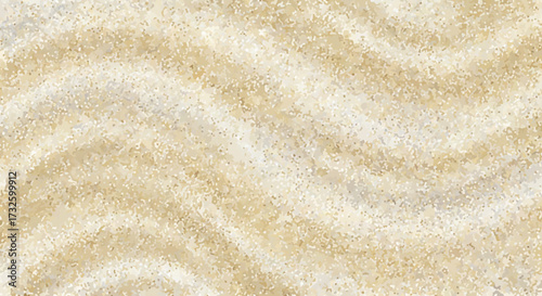 Close-up macro texture of fine sand with gentle wavy patterns, showcasing its granular composition and warm, natural tones for backgrounds and design elements
