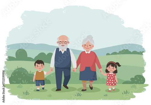 Family bonding in nature grandparents and grandchildren outdoor scene joyful atmosphere