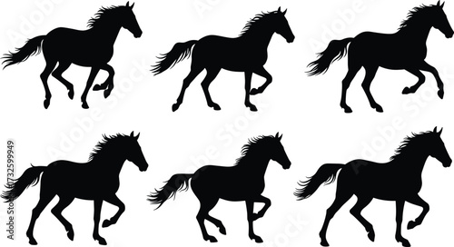 Silhouette sequence of running horse showing dynamic motion, galloping stages, animal locomotion, equestrian speed, black vector illustration for design