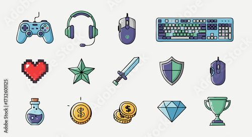Retro video game icons and symbols, representing adventure, strategy, and virtual entertainment in a pixel art style