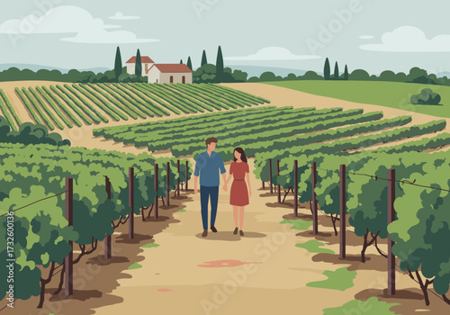 Couple strolling through lush vineyard countryside digital scenic romantic atmosphere