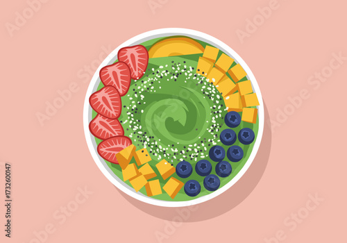 Vibrant acai bowl preparation kitchen food bright colors overhead view healthy lifestyle