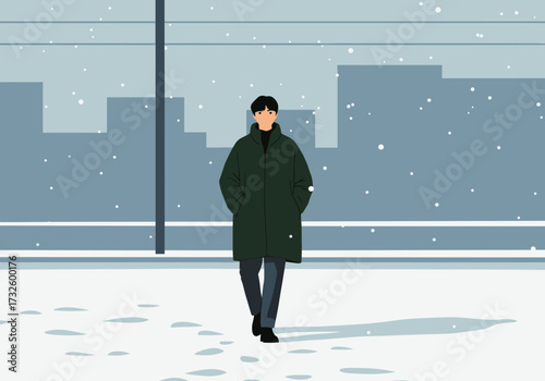 Winter walking scene man strolling through snowy urban landscape modern city digital calm atmosphere front view serenity