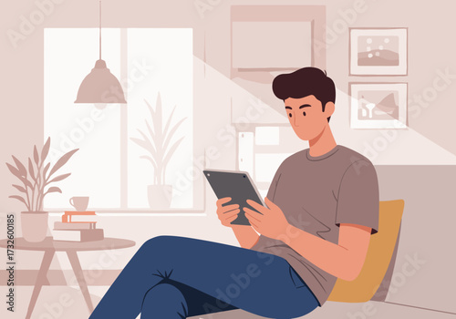 Reading on a tablet cozy living room digital indoor space relaxed viewpoint modern lifestyle