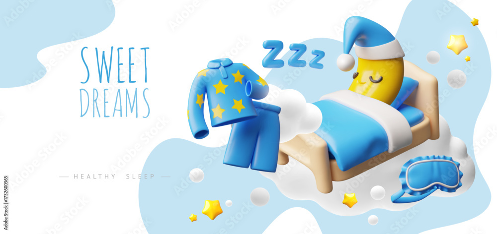Naklejka premium Sweet dreams, healthy sleep 3D vector banner design, cute crescent moon wearing blue night cap sleeping in the clouds