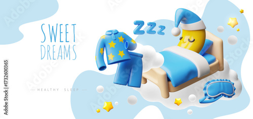 Sweet dreams, healthy sleep 3D vector banner design, cute crescent moon wearing blue night cap sleeping in the clouds