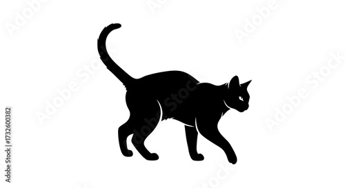 A sleek black cat walks with its tail raised, depicted in a minimalist silhouette against a clean white background, symbolizing mystery and elegance