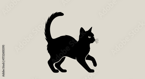 A sleek, stylized silhouette of a black cat with a curved tail, captured in a dynamic pose against a neutral background