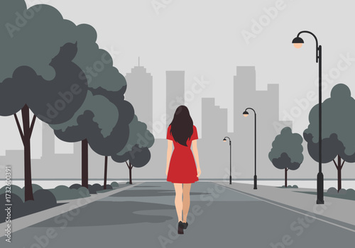 Woman walking alone in urban setting digital city environment serene viewpoint