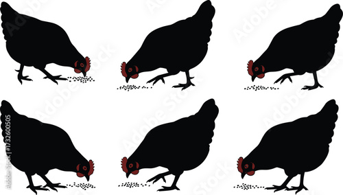 Silhouettes of chickens pecking ground with visible red combs and wattles, farm poultry feeding behavior vector illustration for agriculture design