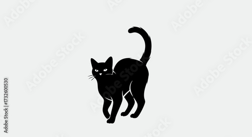 Silhouette of a black cat walking with tail curled upwards against a plain background