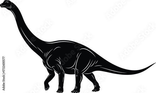 Black Silhouette of Sauropod Dinosaur with Long Neck and Tail, Prehistoric Animal Vector Icon for Education, Paleontology, and Nature Themes