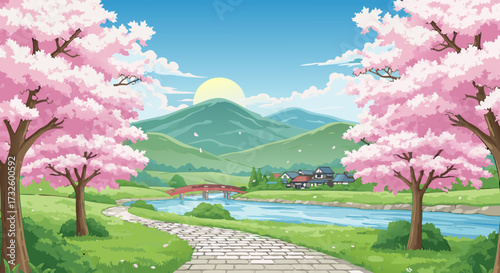 Idyllic rural landscape bathed in the gentle glow of a rising sun, with cherry blossoms framing a tranquil river and quaint village nestled amidst rolling hills