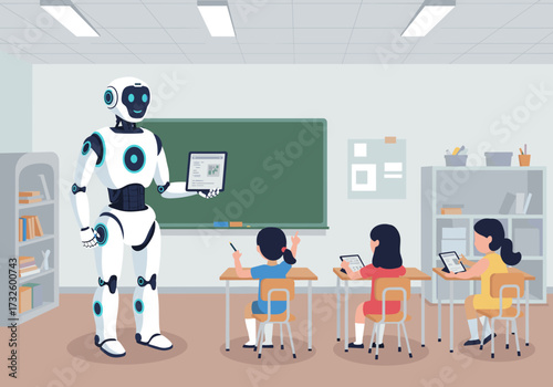 Robotic teacher engaging students in classroom education environment digital learning interactive teaching