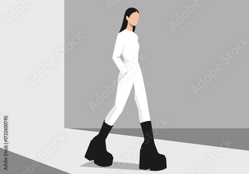 Fashion showcase walking model urban runway modern side view contemporary style