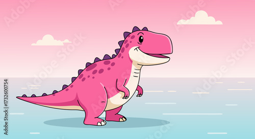 Adorable cartoon dinosaur in shades of pink, smiling playfully. Set against a gradient backdrop of sky and sea. A charming illustration