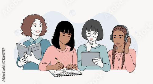 Four diverse women collaborating and studying with books, tablets, and notebooks, representing education and teamwork in modern society