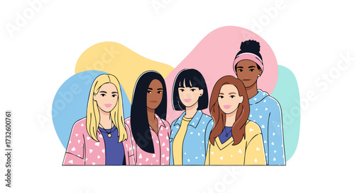 Illustration of a diverse group of young women standing together. Concept of female friendship, empowerment, and unity