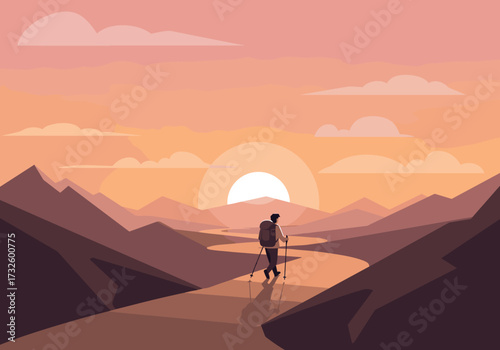 Hiking adventure at sunset mountain range digital serene landscape traveler's viewpoint