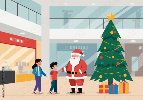 Children meeting santa claus at a shopping mall during christmas festive environment joyful interaction colorful decorations