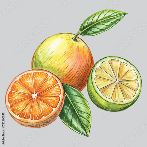 Vibrant citrus fruits oranges and limes with fresh green leaves for a healthy lifestyle isolated on white background