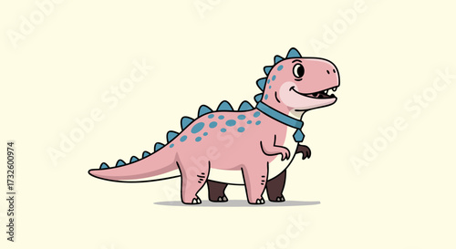 Cute pink cartoon dinosaur wearing a blue collar with a bell, standing and smiling, isolated on a light yellow background, fun and friendly creature