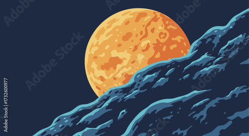 Vast Orange Celestial Orb Rising Above Textured Dark Blue Mountains Under Starry Night Sky