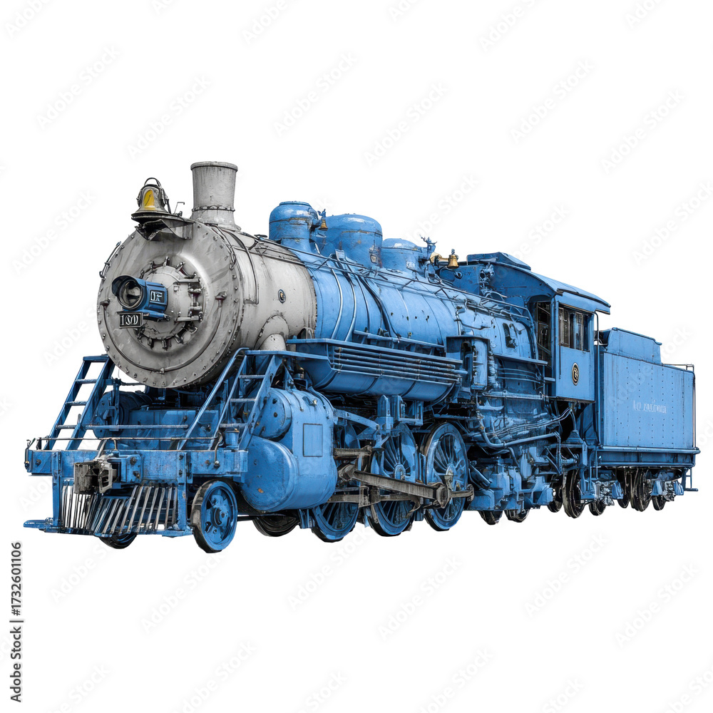 Obraz premium Classic steam locomotive in vibrant blue color at a railway museum showcasing transportation history