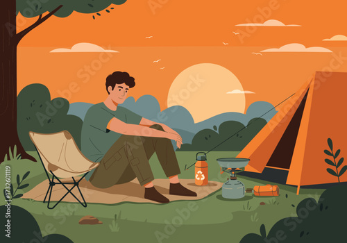 Camping adventure at sunset nature scene graphic relaxing environment peaceful viewpoint