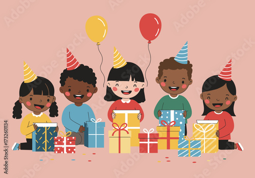 Children celebrate birthday party with gifts festive atmosphere joyful environment bright viewpoint