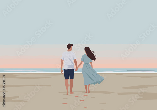 Romantic stroll along the beach at sunset couple holding hands digital tranquil ocean environment side view