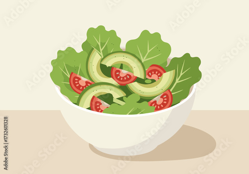 Fresh green salad with tomatoes and cucumbers kitchen table food minimalist design top view healthy eating