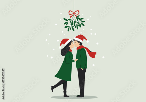 Festive couple kissing under mistletoe winter wonderland joyful atmosphere romantic viewpoint