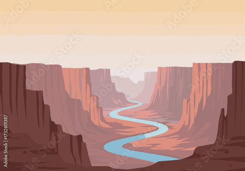 Winding river adventure through grand canyon landscape digital serene environment aerial view