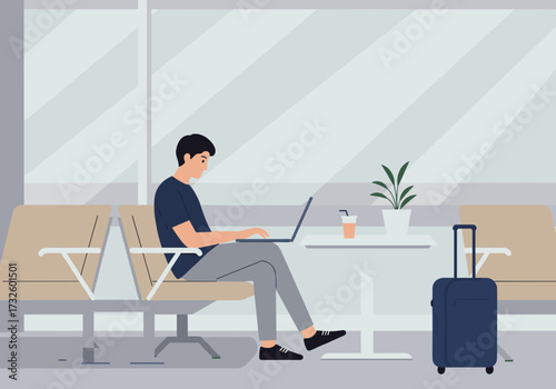 Working remotely at an airport lounge modern workspace minimalist environment focused viewpoint