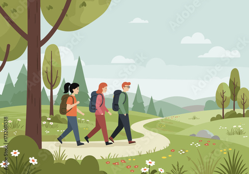 Hiking adventure with friends scenic nature trail peaceful environment side view outdoor exploration