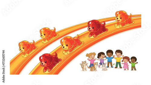 Playful Pets: A heartwarming illustration captures animated children and their pets in a cheerful scene, with animals sliding on slides, depicting the bond between youth and their adorable companions.