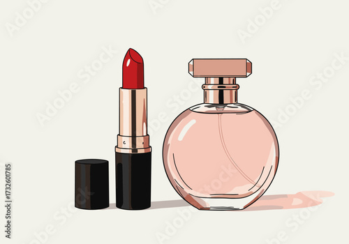 Beauty essentials lipstick and perfume still life setting digital chic aesthetic