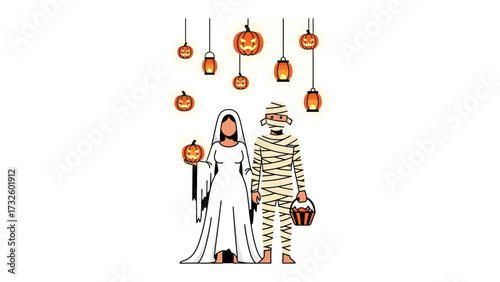 Spooky Costume Couple on Halloween Night: Capturing a charming couple in Halloween costumes, holding pumpkins under the glowing Jack-o'-lantern lights.