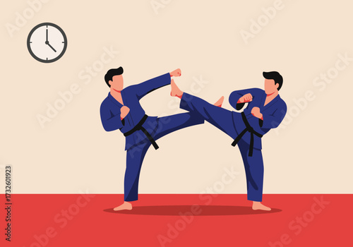 Martial arts training session dojo dynamic environment front view technique and focus on karate