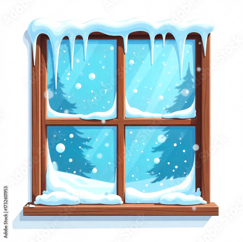 window in winter with wooden frame and icicles and snow