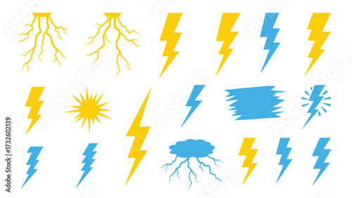 A collection of various yellow and blue lightning bolt and electricity icons on a white background.